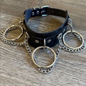 Punk Goth Black Leather Choker Necklace Adjustable Buckle Chains Silver Accents